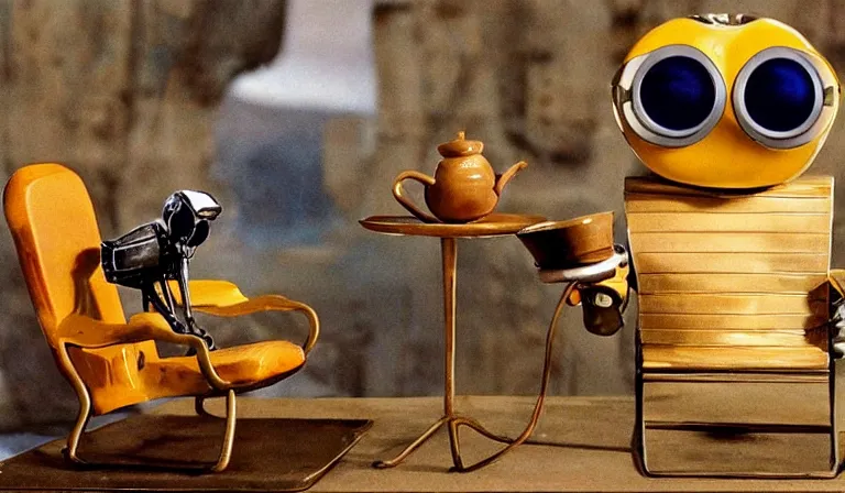 Image similar to salvador dali sitting by wall-e having tea