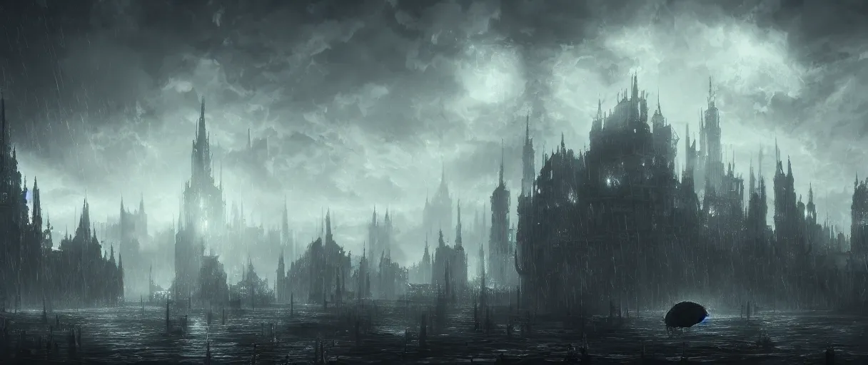 Image similar to large floating cities on top of huge floating islands, above sea, concept art, digital painting, in the style of Bloodborne, dark souls, demon souls, dark, night time, volumetric lighting, large scale, high detail, trending on art station, view from afar
