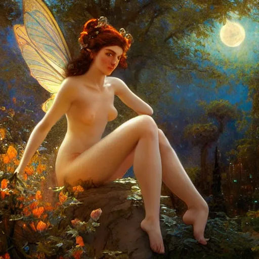 Image similar to attractive fairy magically floating high in the night, fantasy, full moon in background. highly detailed painting by gaston bussiere, craig mullins, j. c. leyendecker, mid shot, 8 k realistic, cryengine, frostbite 3 engine, sharp focus