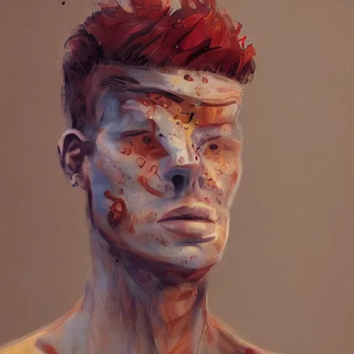 Image similar to portrait of a teen boy with long red hair and a lot of freckles and muscular, intricate, highly detailed, digital painting, artstation, sharp focus, illustration