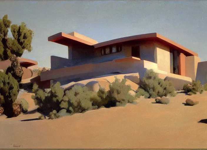 Image similar to painting of a frank lloyd wright house in the california desert by john singer sargent