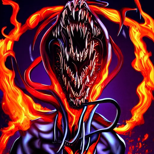 Image similar to Digital art of Venom slam dunking with flames coming from the basket, trending on Artstation