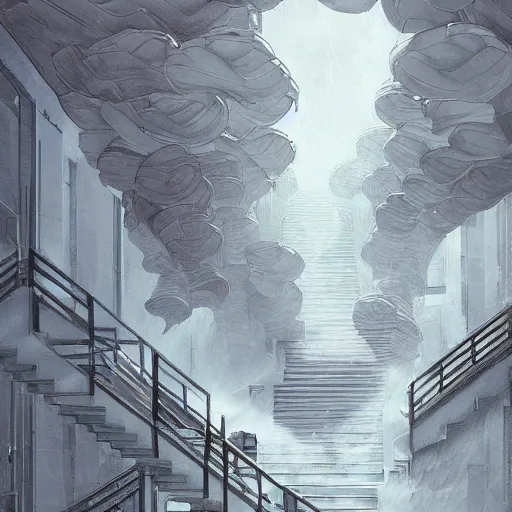 Image similar to a rotten fungus mushroom clump in a bright white hallway with many doors and stairs, Mc Escher architecture, epic composition, by Makoto Shinkai