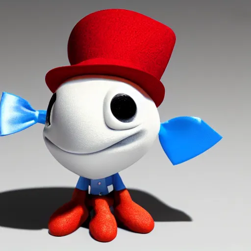 Prompt: an anthropomorphic tadpole wearing shorts a bow tie and a hat with a red band, digital render made by Pixar