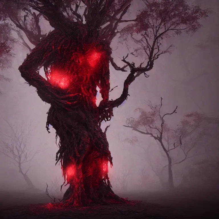 Image similar to a bloody tree demon monster on hell, dark, foggy, eerie, splash, sparkle, smoke, particles, octane render, unreal engine, artstation, digital art.