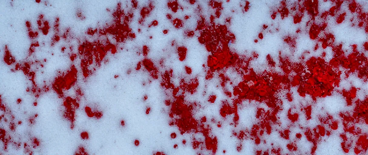 Prompt: top view extreme closeup movie like 3 5 mm film photograph of blood splattered onto the snow in antarctica at night, very dimly lit, in the style of macro photography