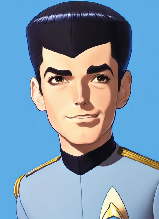 Image similar to cute star trek officer chris mears, natural lighting, path traced, highly detailed, high quality, digital painting, by don bluth and ross tran and studio ghibli and alphonse mucha, artgerm