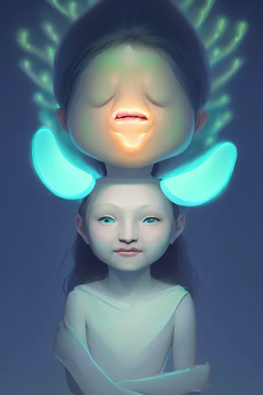 Image similar to super cute Bioluminescent an exhausted deity character concept, single head, no double head, soft light, soft mood, realistic body features and face, illustration, painting oil on canvas by Elena Zhurikhina and Goro Fujita and Charlie Bowater, octane render trending on artstation, 4k, 8k, HD