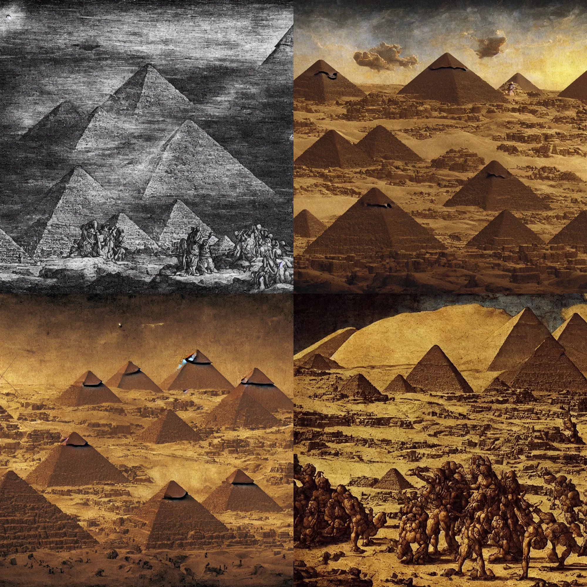 Prompt: ancient aliens overlooking the creation of the great pyramids, painted by Leonardo da Vinci , outer space sky