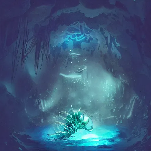 Prompt: a long deep sea creature that glows in the dark in a dark underwater cavern, realistic, digital art, illustration, vibrant watercolor, cold lighting, wenjun lin, reflections, refractions, film grain