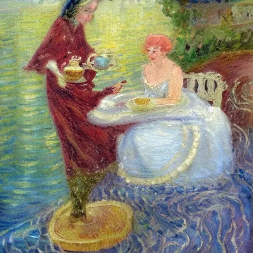 Prompt: an impressionist painting, The Queen of the Sea waves and her devoted servant octopus drink tea,