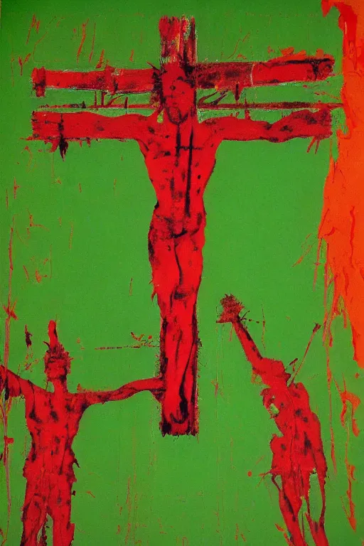 Image similar to green background with bloody christ crucified painted by cy twombly and andy warhol