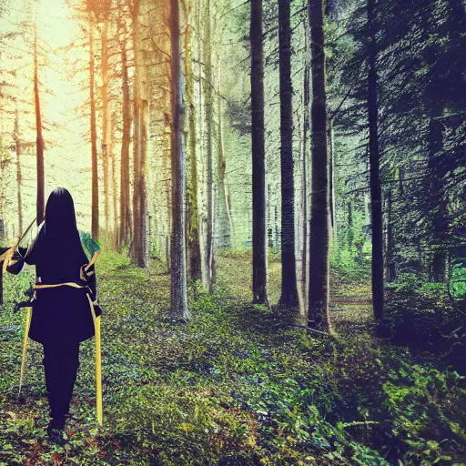 Image similar to Woman cuts timeline with sword in foreground, cinematic shot from back view, camera following a woman on a path through a forest, blackhole, 4K