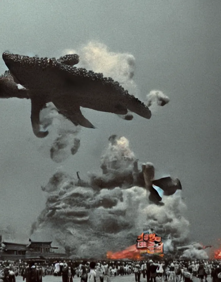 Image similar to a filmstill of a north korean monster movie, kaiju - eiga monster starfish - like trampling a traditional korean palace, foggy, film noir, epic battle, etheral, explosions, thriller, by akira kurosawa and wes anderson video compression