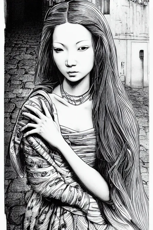 Image similar to beautiful portrait of a woman, negative no not mona lisa pose, highly detailed ink illustration of a dark alley of taipei, b & w clean shaped illustration by kim jung gi, ric estrada, ron english and eiichiro oda