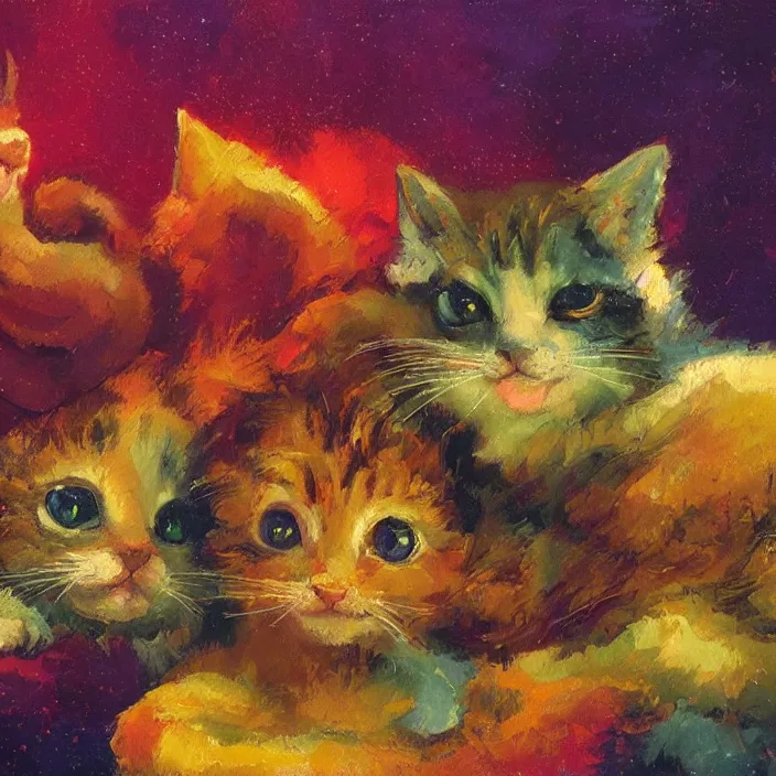 Prompt: colourful painting of two cute little kitties, art in paul lehr and charles camoin style, close shot, bright, evening, soft lighting, focus, masterpiece art