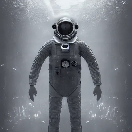 Image similar to infrared concept art diver astronaut in underwater futuristic dark and empty spaceship. complex and hyperdetailed technical suit design. reflection material. rays and dispersion of light breaking through the deep water. 3 5 mm, f / 3 2. noise film photo. flash photography. trend artstation