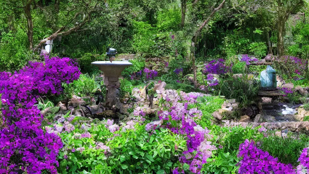 Image similar to tranquil painting of purple garden with green trees and a water fountain in the middle of garden, detailed, 8k, mesmerizing, low saturation, high resolution