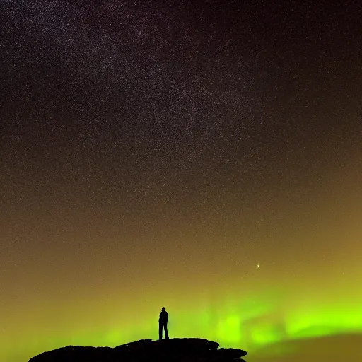 Image similar to 4K Epic Ultra HD detailed award-winning wallpaper silhouette of lonely man standing on rock looking at huge vast sky universe Milky Way aurora