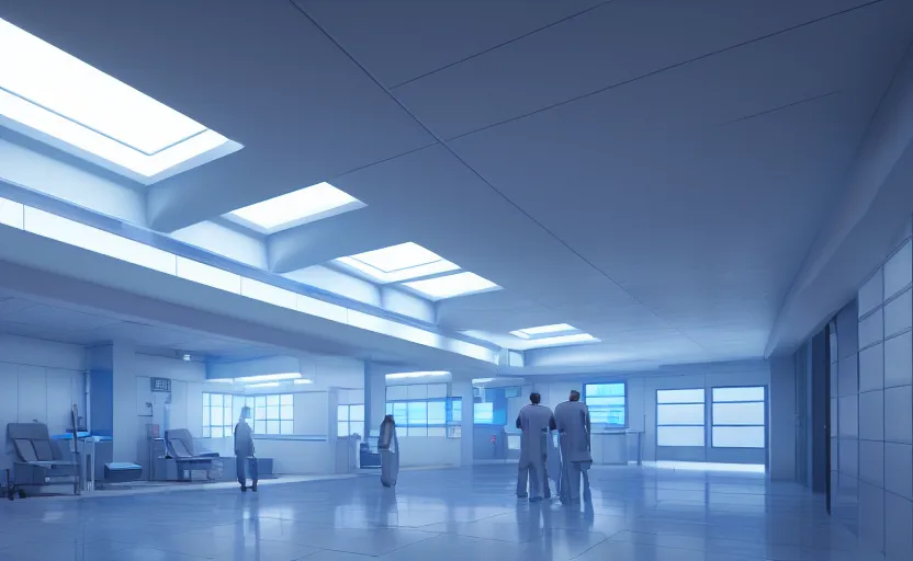 Image similar to a hospital with soft blue lights in the roof, octane render, artstation trending, highly detailded