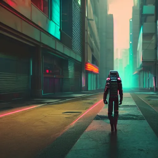 Image similar to cyberpunk astronaut walking alone down a deserted city street, neon lights, octane render, iridescent lighting,