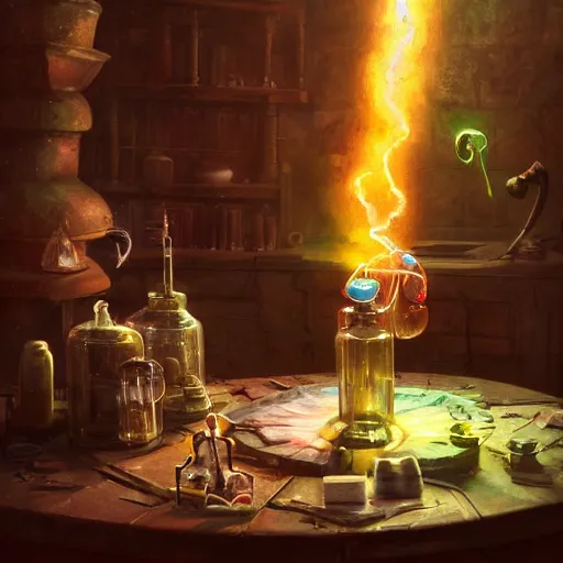 Prompt: hyper realistic, table, wizards laboratory, greg rutkowski, mortar, pestle, balance with glowing powder, energy flowing, magic book, beakers of colored liquid, tony sart