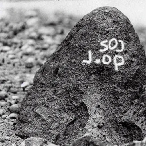 Image similar to An old, creepy, but very detailed photograph found of a suspicious rock near a lava lake with a very difficult equation written on it.