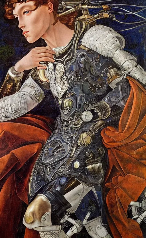 Prompt: beautifully painted mural of a cyborg prince in ornate royal armor, piercing glowing eyes, sci fi scenery, vogue cover poses, mural in the style of sandro botticelli, caravaggio, albrecth durer