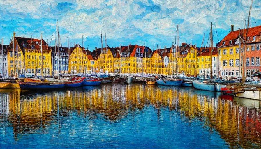 Prompt: wide screenshot, ultrawide, copenhagen houses along the water, impressionistic painting-n4