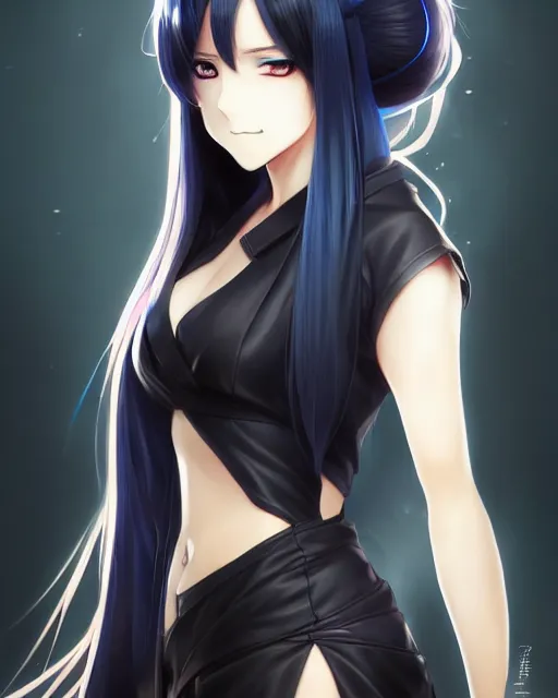 Image similar to anime character portrait of a female martial artist!! long black hair! blue eyes! elegant, intricate outfit, fine details by stanley artgerm lau, wlop, rossdraws, james jean, andrei riabovitchev, marc simonetti, and sakimichan, trembling on artstation