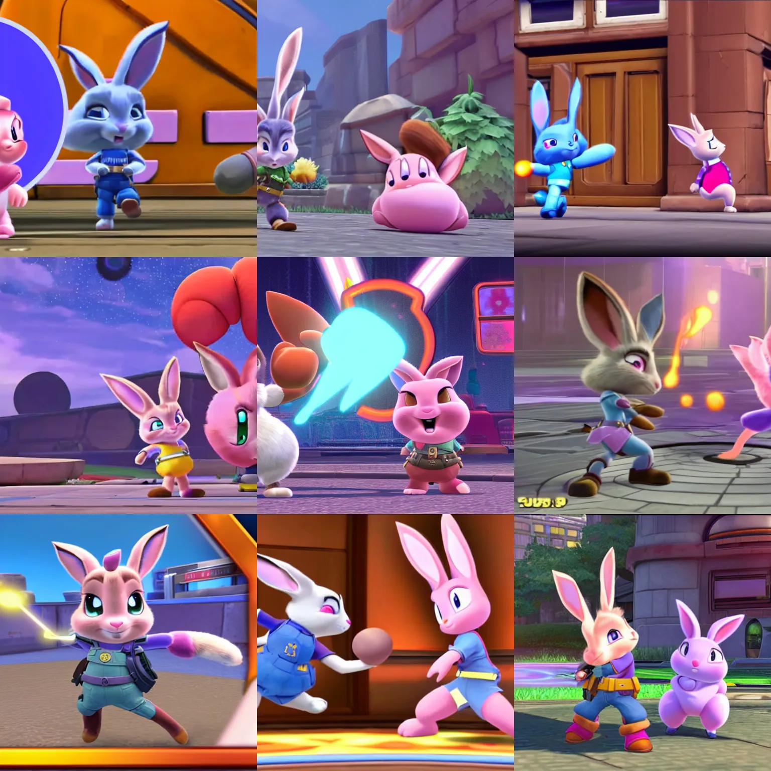 Prompt: Judy Hopps punching Kirby in Smash Bros. Ultimate, screenshot