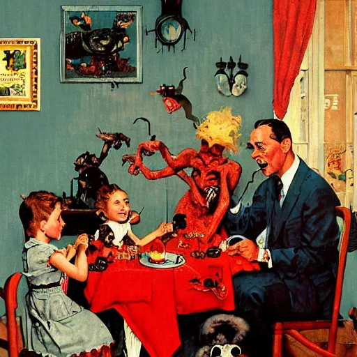 Prompt: a family invite a hellspawn demon to tea, painted by norman rockwell and tom lovell and frank schoonover
