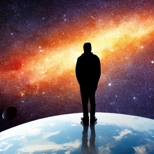 Prompt: 4K ultra HD detailed award-winning wallpaper silhouette of lonely man standing looking at Earth from far away huge vast sky universe