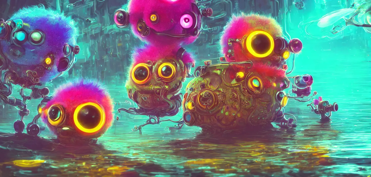 Prompt: intricate colorful lake with strange cute fluffy cyberpunk friendly happy creatures with huge eyes long tongue and funny face appearing from the water, in the style of craola, macro lens, shallow depth of field, highly detailed, digital painting, trending artstation, concept art, illustration, cinematic lighting, vibrant colors, photorealism, epic, octane render