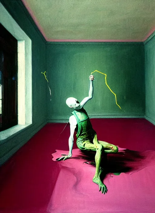 Image similar to an insane, skinny, artist wearing overalls, expressive, painting the walls inside a grand messy studio, hauntingly surreal, highly detailed painting by francis bacon, edward hopper, adrian ghenie, gerhard richter, and james jean, soft light 4 k in pink, green and blue colour palette, cinematic composition,