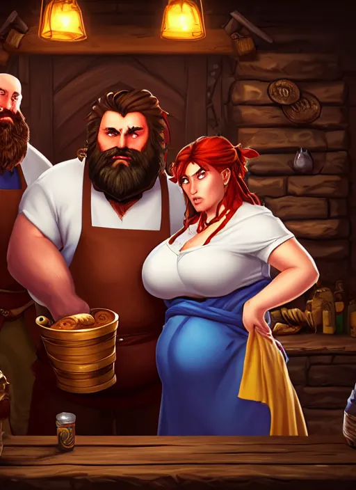 Image similar to an epic fantasy comic book style portrait painting of a hearty man with a big belly and thick beard and large woman who are a couple in a tavern with them both wearing aprons, unreal 5, daz, hyperrealistic, octane render, cosplay, rpg portrait, dynamic lighting