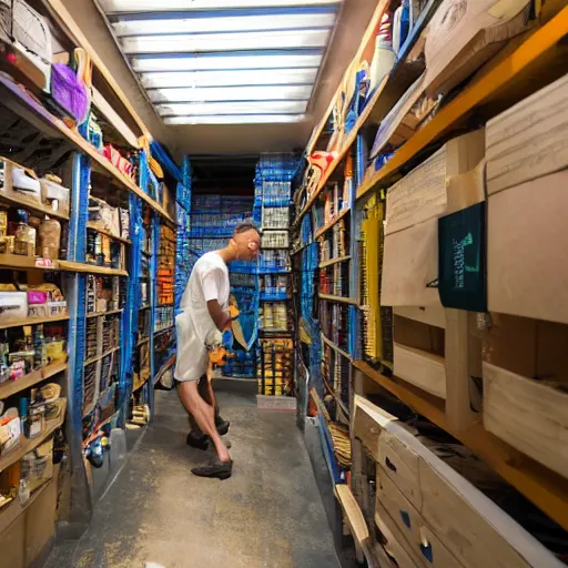 Prompt: diving into that weird hole under the bodega stock room