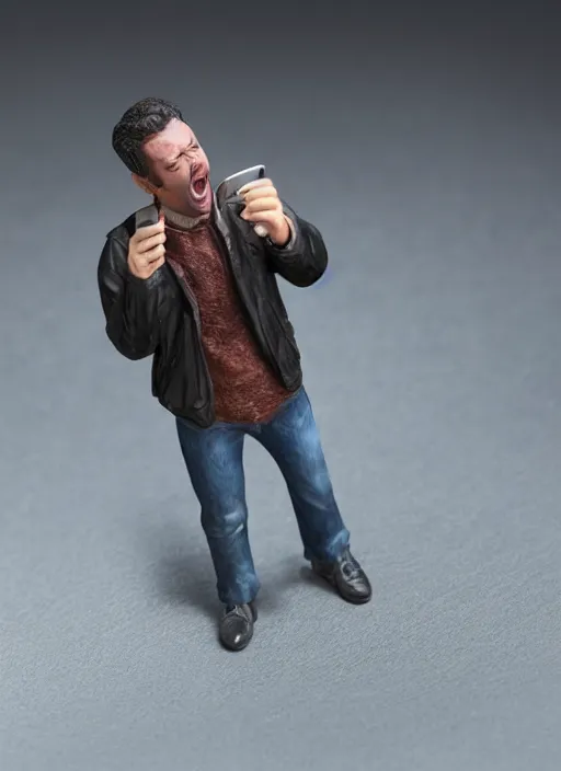 Image similar to 80mm resin detailed miniature of man screaming at his phone, Product Introduction Photos, 4K, Full body,