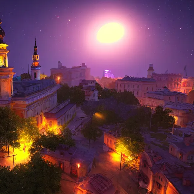 Image similar to lviv island night, 8 k ultra realistic, lens flare, atmosphere, glow, detailed, intricate, full of colour, led lighting, 4 k, hyperrealistic, focused, extreme details, unreal engine 5, masterpiece