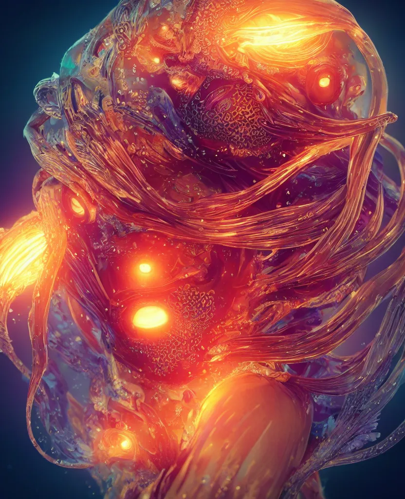 Image similar to close-up macro portrait of the face of a beautiful princess, epic angle and pose, symmetrical artwork, 3d with depth of field, blurred background, cybernetic jellyfish female face skull phoenix bird, translucent, nautilus, energy flows of water and fire. a highly detailed epic cinematic concept art CG render. made in Maya, Blender and Photoshop, octane render, excellent composition, cinematic dystopian brutalist atmosphere, dynamic dramatic cinematic lighting, aesthetic, very inspirational, arthouse. y Greg Rutkowski, Ilya Kuvshinov, WLOP, Stanley Artgerm Lau, Ruan Jia and Fenghua Zhong