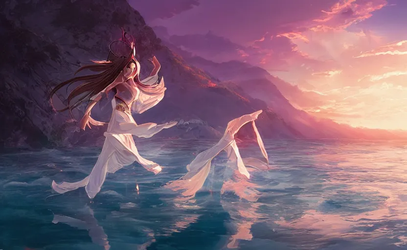 Prompt: Himalayan priestess dancing on water, beautiful flowing fabric, sunset, dramatic angle, realistic and detailed, by studio trigger, pixiv dslr photo by Makoto Shinkai rossdraws and Wojtek Fus