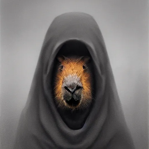 Image similar to a portrait of a capybara wearing a black hood, cloak covering face, anatomically correct, beautiful perfect face, enigmatic, oil painting, matte, black background, volumetric dynamic lighting, highly detailed, cinematic lighting, unreal engine, 8 k, hd, by beksinski