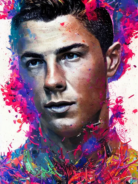 Prompt: art portrait of christiano ronaldo with blossoms exploding out of head,by tristan eaton,Stanley Artgermm,Tom Bagshaw,Greg Rutkowski,Carne Griffiths,trending on DeviantArt,face enhance,chillwave,minimalist,cybernetic, android, blade runner,full of color,