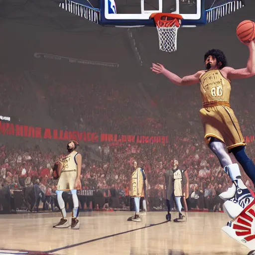 Image similar to napoleon Bonaparte slam dunks in an NBA game, highly detailed, 8k, octane render