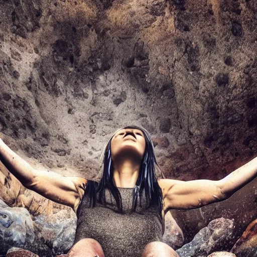 Image similar to Woman sitting under a ginormous rock overhead, partially cupping her hands, gesturing it outward!!!!! to the camera!!!!!, in a rainy environment, fisheye!!!!! lens!!!!!, rainy and wet atmosphere, closeup, dark and grim lighting, trending on artstation, 4k, 8k