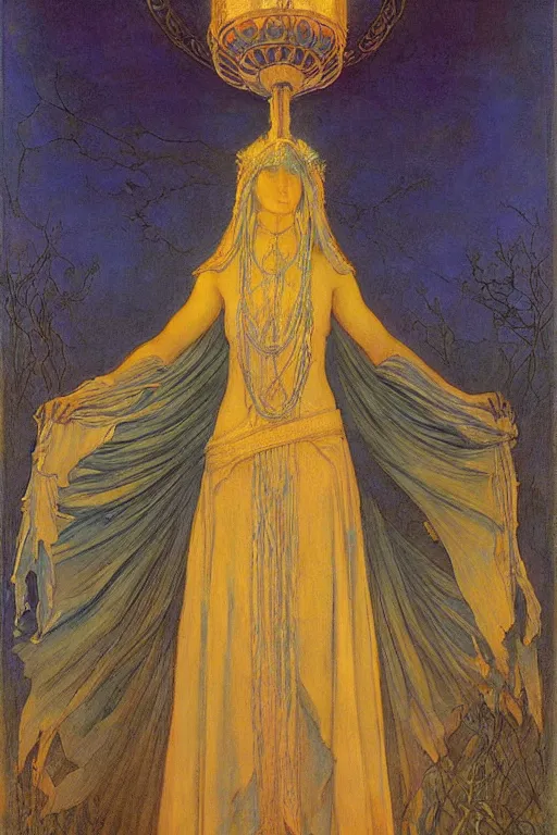 Prompt: queen of the dawn with her lantern, by Annie Swynnerton and Nicholas Roerich and jean delville, dramatic cinematic lighting , ornate headdress , flowing robes, lost civilizations, extremely detailed