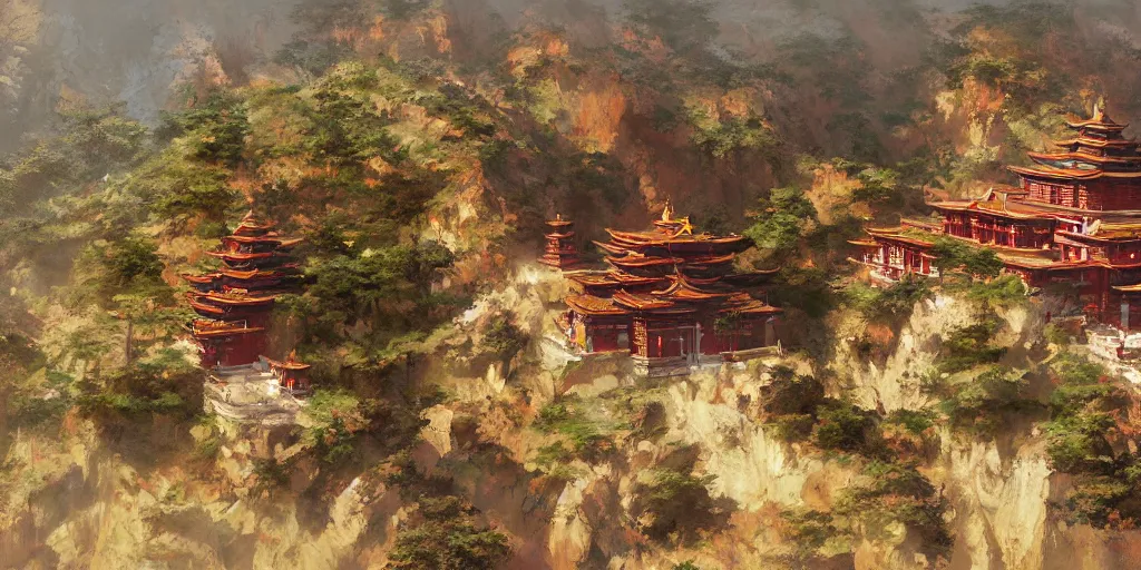 Image similar to Dzogchen Mountain Temple, by Craig Mullins and Marc Simonetti and Hiroshi Yoshida