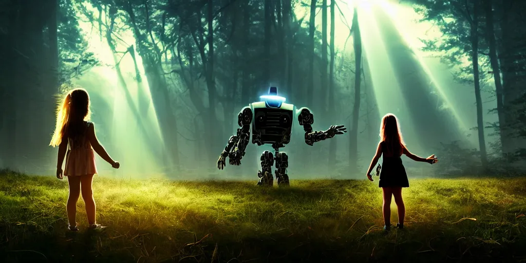 Image similar to sci - fi scene future new york, little girl alone holding onto the outstretched hand of a giant robot, forest punk, little girl meets robot, crepuscular rays, epic scene, hyper realistic, photo realistic, overgrowth, cinematic atmosphere, ethereal lighting,