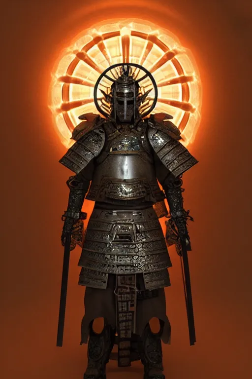 Prompt: a centered render of a majestic post apocalyptic samurai warrior wearing armour and leather clothing surrounded by bio - luminescent jellyfish and sacred geometry, cinematic, beautifully lit, by artgerm, by donato giancola, by viktoria gavrilenko 3 d, trending on artstation, octane render, 8 k