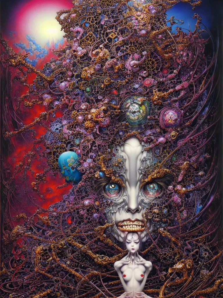 Image similar to realistic detailed image of Technological Diamond Nightmare Abomination Monster God by Ayami Kojima, Amano, Karol Bak, Lisa Frank, and Mark Brooks, Neo-Gothic, gothic, rich deep colors. Beksinski painting, part by Adrian Ghenie and Gerhard Richter. art by Takato Yamamoto. masterpiece